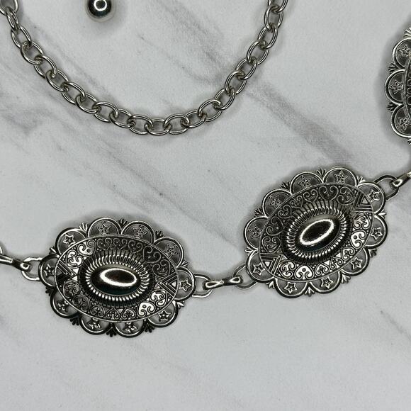 Womens Southwestern Concho Chain Belt Silver Tone Stamped One Size OS ✨ - Picture 6 of 11